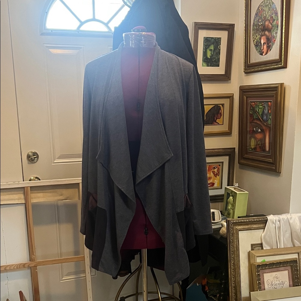 Gray Waterfall Cardigan logo lounge slate blue draped jacket
